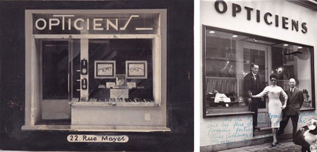 Left: Daniel Gauthier's first optician's shop in Paris, 1950sRight: Daniel Gauthier (left) with his business partner Emmanuel Broches and a model at the entrance of their store, Paris, 1950s