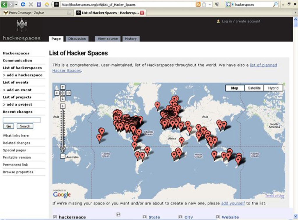 מפה המציגה את רשת סדנאות ה- HackerSpaces | מקור: אתר HackerSpaces